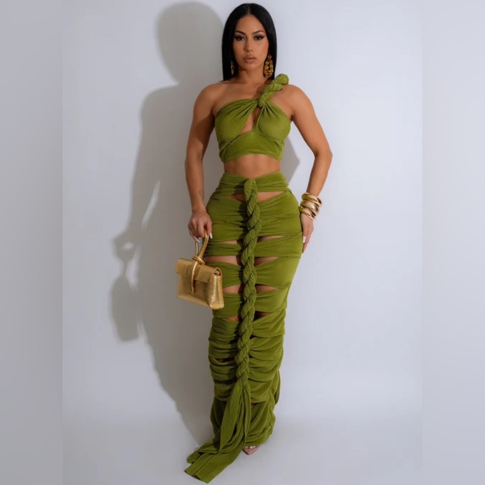 Custom Green Ribbed 2 Piece Dress Set Size L - Picture 5 of 7